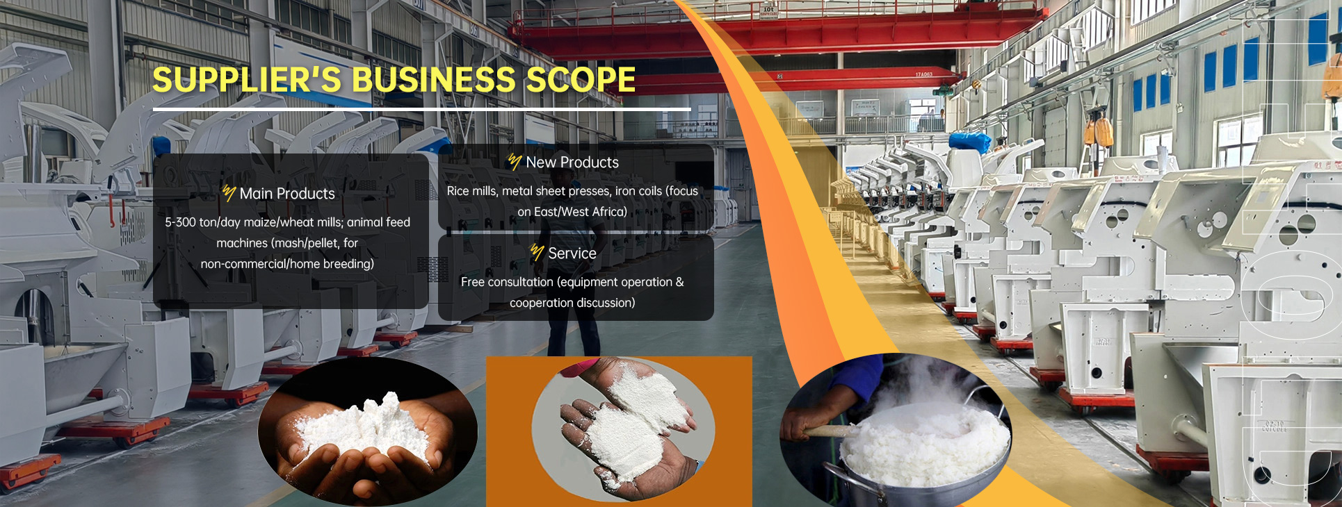 5-300 ton/day maize/wheat mills; animal feed machines (mash/pellet)